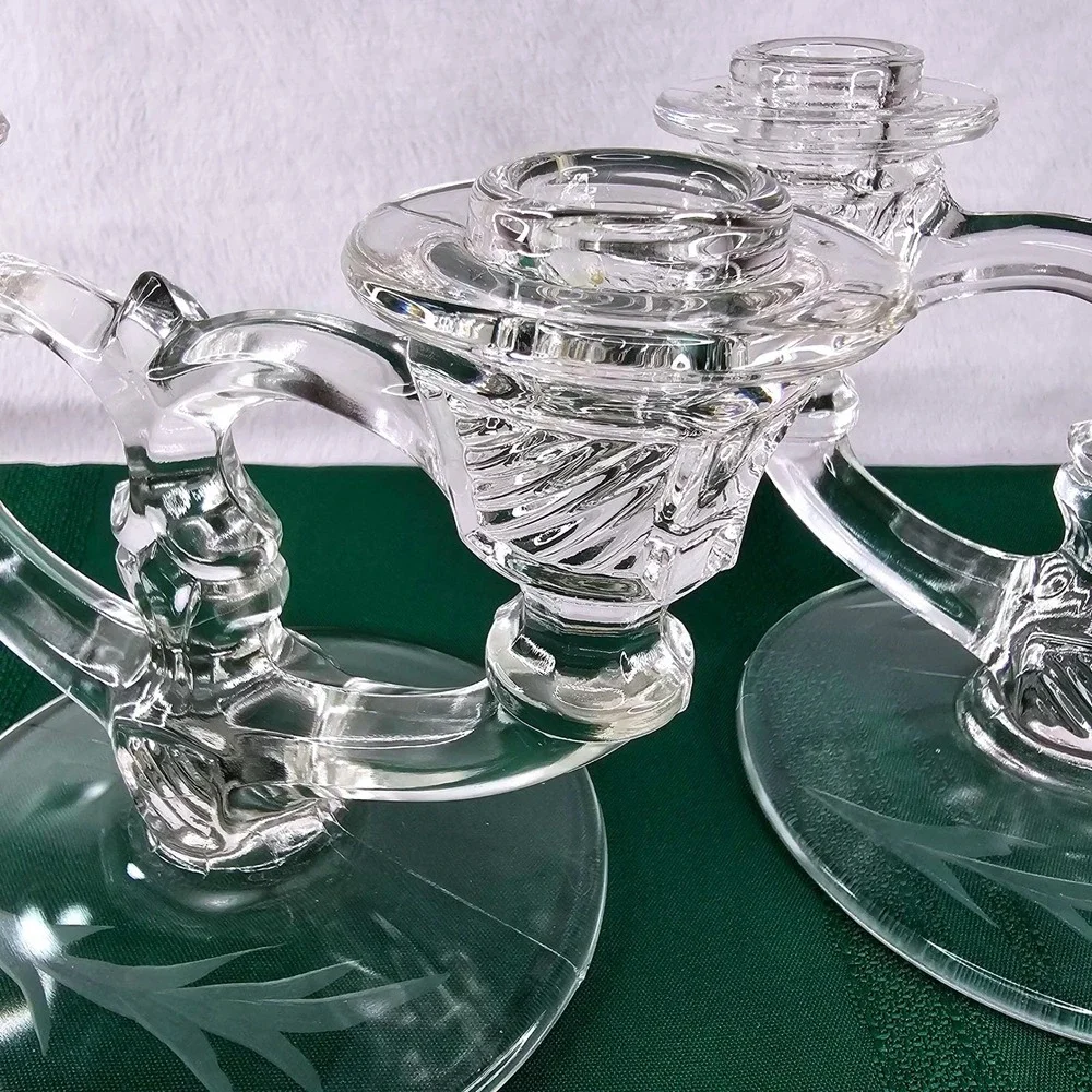 Pair Vintage Etched Glass Taper Candle Holders Double Arm Candelabra Crystal‎